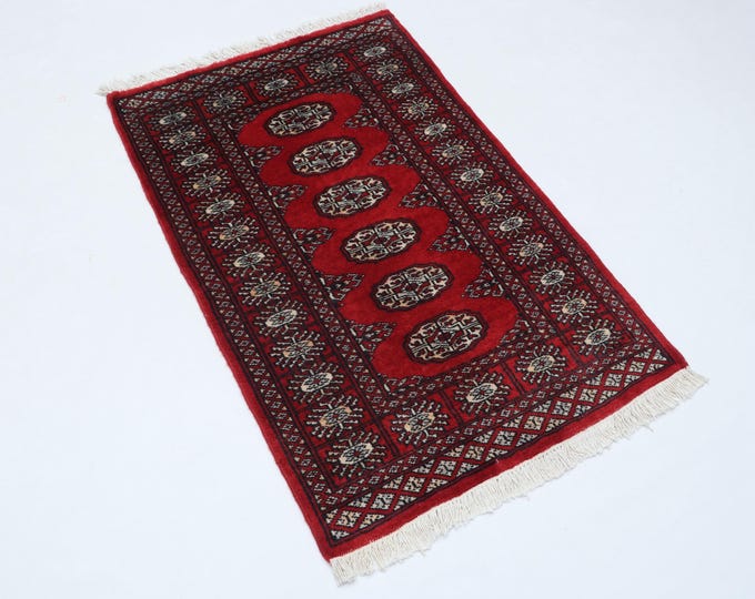 2.6 X 3.10 ft Red Geomatrical Handmade , Mori Bokhara Cotton and Wool