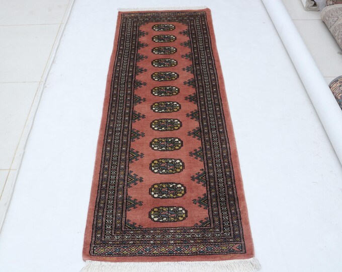2.1 X 5.9 ft Copper Geomatrical  Runner Handmade, Mori Bokhara Cotton and Wool