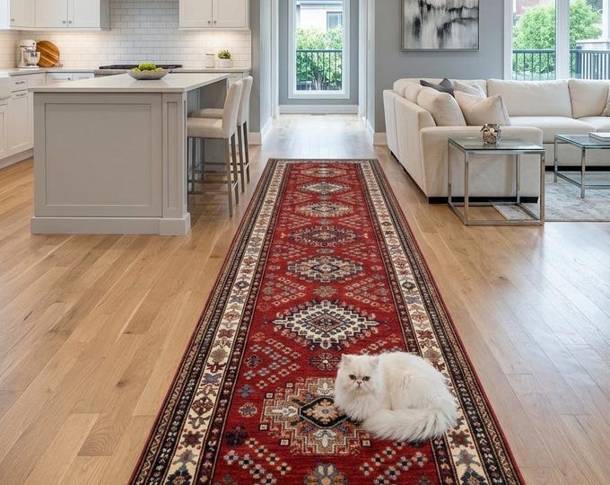 3 X 10 ft Red and Beige Geomatrical Handmade Runner, Super Kazak Cotton and Wool