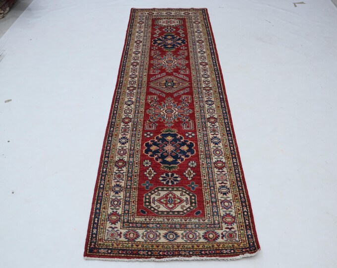 2.6 x 8.3 ft Red and Beige Geomatrical Handmade Runner , Super Kazak Cotton and Wool