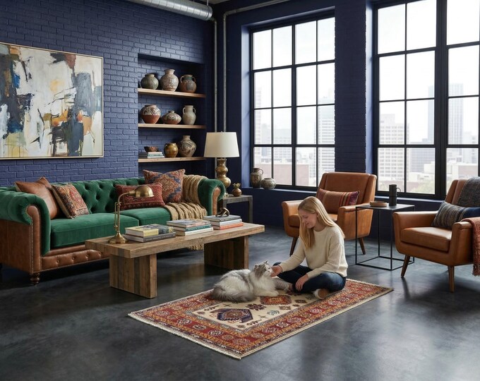 2.7 X 4.3 ft Beige and Red Geomatrical Handmade , Super Kazak Cotton and Wool