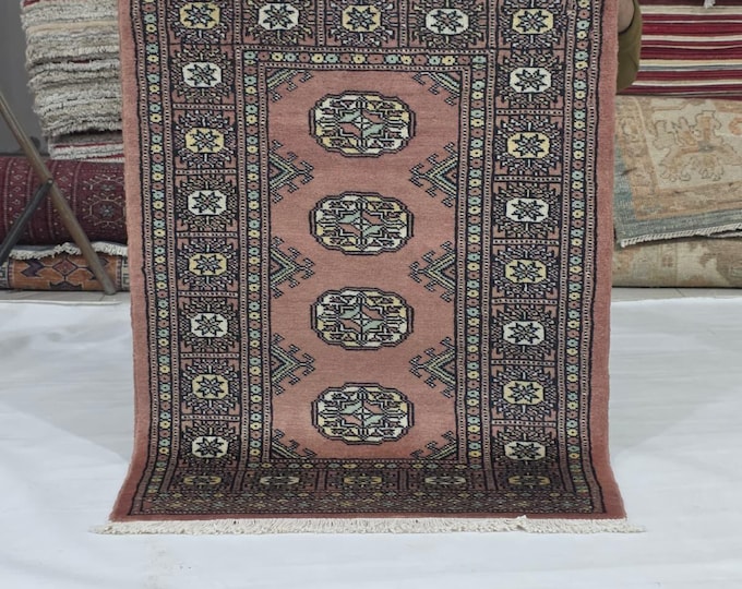 2 X 3 ft Copper Geometrical Handmade, Mori Bokhara Cotton and Wool