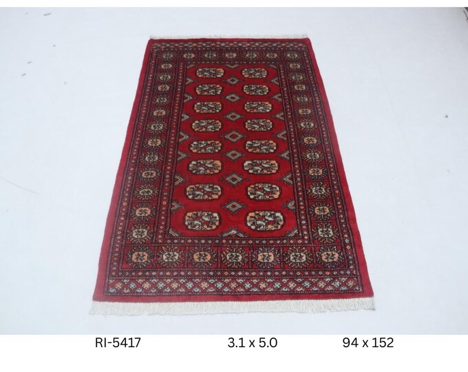 3 X 5 ft Red Geometrical Handmade , Mori Bokhara Cotton and Wool