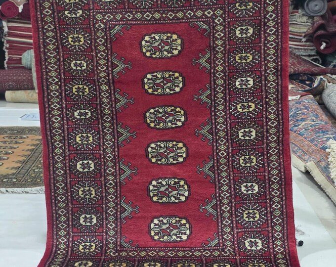 2.5 X 4 ft Red Geometrical Handmade, Mori Bokhara Cotton and Wool