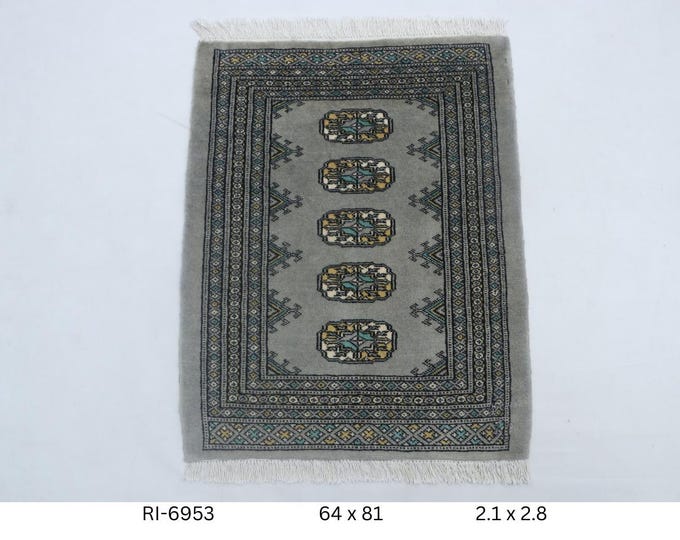 Hand-knotted Mori Bokhara Cotton and Wool Rug, Geomatrical in Grey base and Grey border, 2.1 x 2.8 ft