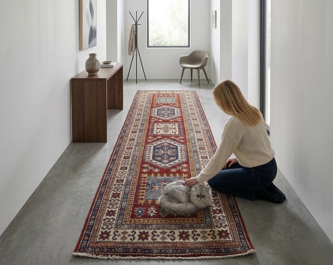 2.7 x 8.3 ft Red and Beige Geomatrical Handmade Runner , Super Kazak Cotton and Wool