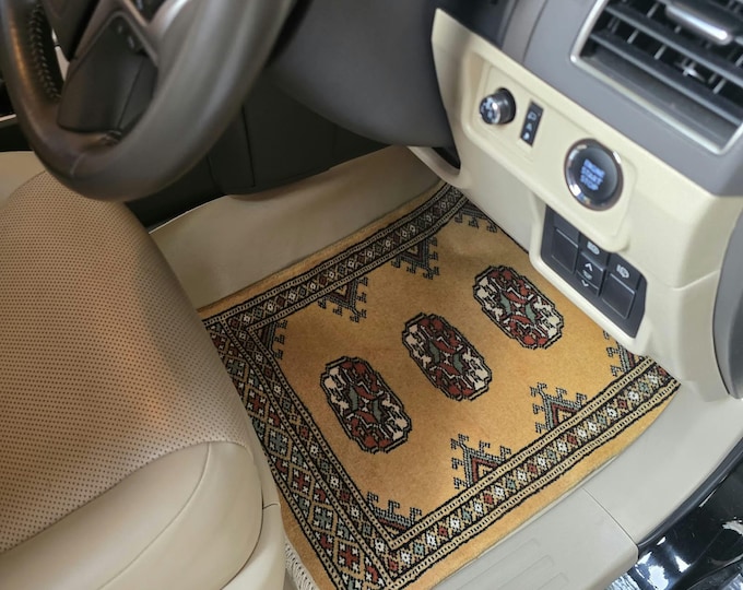 1.5 X 2 ft Geomatric Handmade Car Mats Pair, Yellow Wool Car Floor Rugs, Cotton and Wool