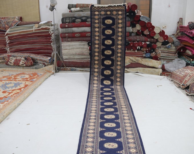 3 X 15 ft Blue Geomatrical Handmade Runner, Mori Bokhara Cotton and Wool