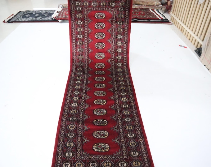 8 Ft Hand-Knotted Wool Runner Rug, Red Geometric Mori Bokhara Design