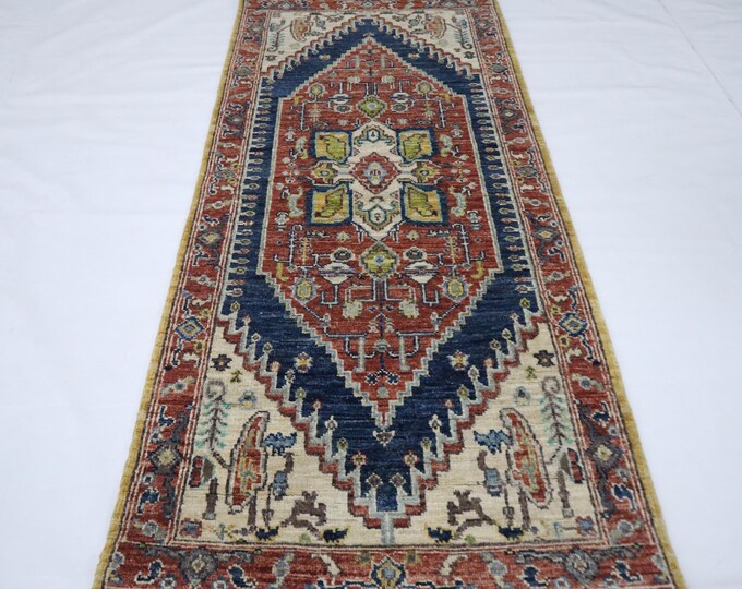 Hand Knotted Heriz Wool Runner Rug, Rust & Blue, 5ft Afghan Rug