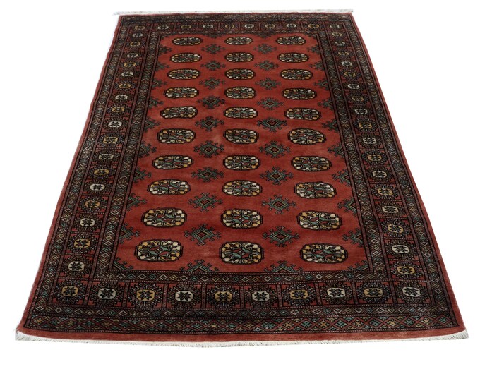 4.1 X 6.0 ft Copper Geomatrical Handmade, Mori Bokhara Cotton and Wool