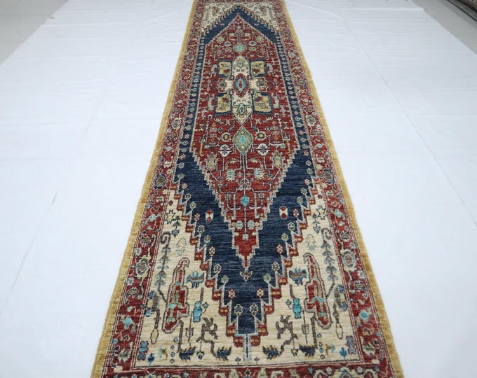 12 Ft Red & Blue Heriz Wool Runner Rug, Hand-Knotted Afghan Medallion