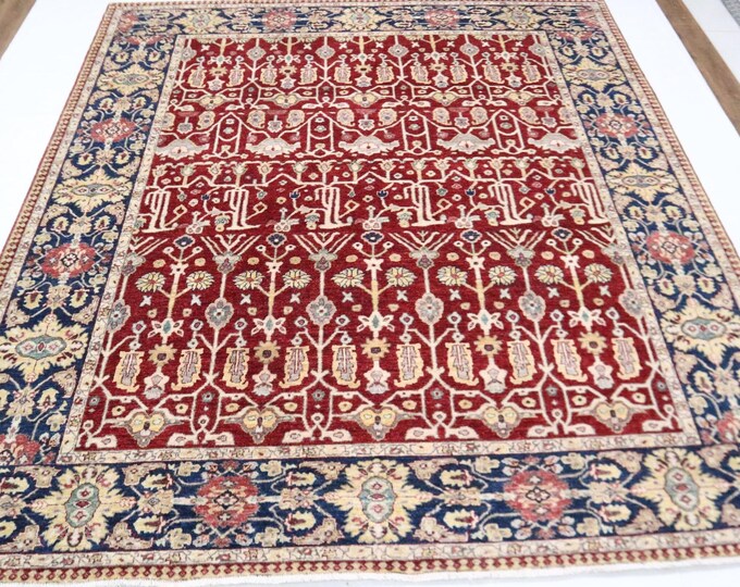 8x10 Afghan Chobi Rug – Red and Blue Geometric Handmade Wool Area Rug