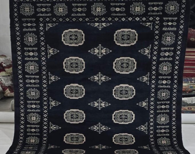 4 X 6 ft Black Geometrical Handmade , Mori Bokhara Cotton and Wool