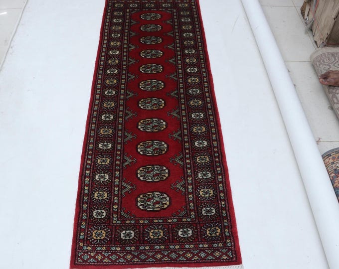 2.2 X 6.3 ft Red Geomatrical Runner Handmade, Mori Bokhara Cotton and Wool