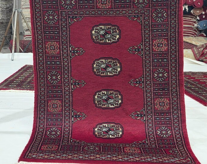 2.5 X 4 ft Red Geometrical Handmade, Mori Bokhara Cotton and Wool