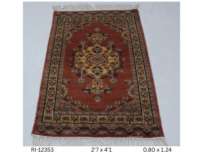 Hand-knotted Wool and Silk Touch Rug, Copper and Yellow Geometric, 2.7 x 4.1 ft