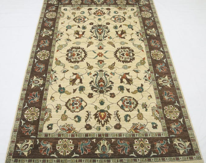 5x8 Beige Brown Chobi Rug – Afghan Handmade Wool Floral Rug