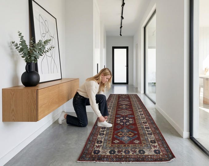 2.9 X 8.6 ft Beige and Red Geomatrical Handmade Runner, Super Kazak Cotton and Wool