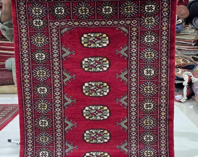 2.5 X 4 ft Red Geometrical Handmade, Mori Bokhara Rug Cotton and Wool