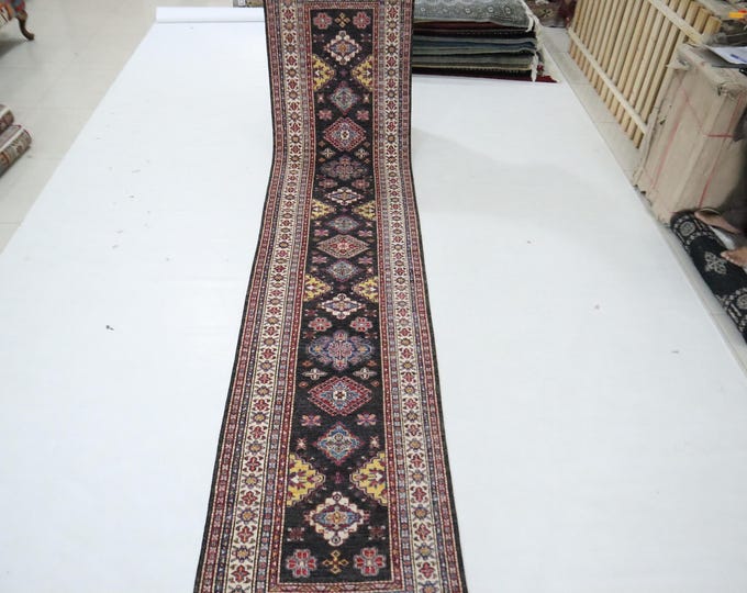 Hand Knotted Black Afghan Wool Runner Rug, Geometric Kazak, 2.5x11.8 ft