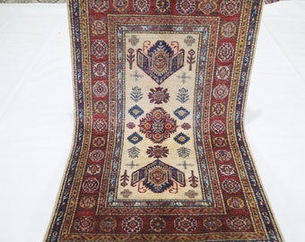 Hand Knotted Afghan Wool Rug – 3x4 Beige Red Kazak Design