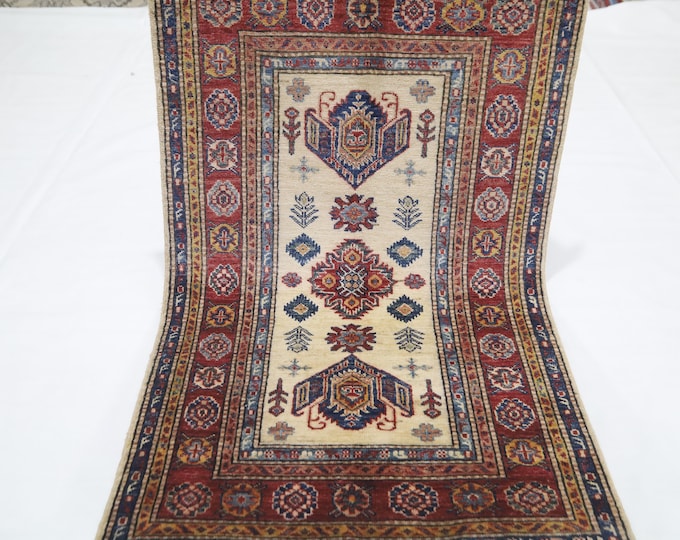 Hand Knotted Afghan Wool Rug – 3x4 Beige Red Kazak Design