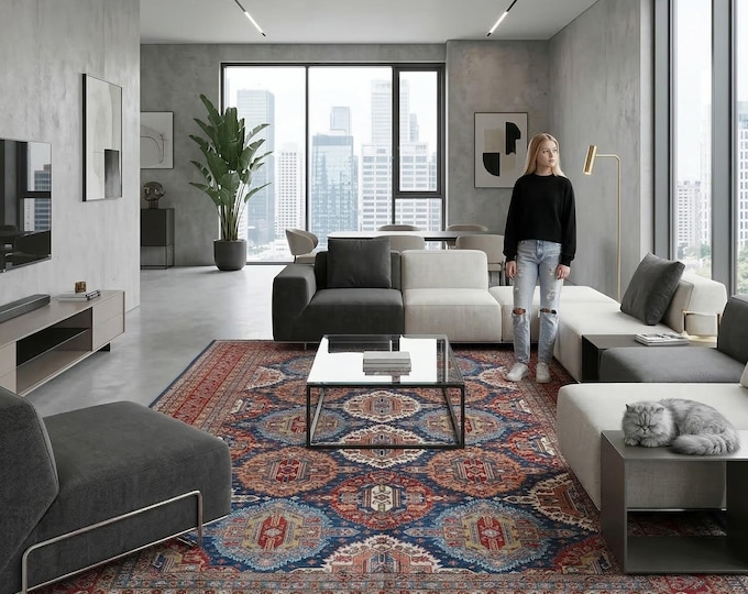 9.0 X 11.7 ft Blue and Red Geomatrical Handmade , Super Kazak Cotton and Wool