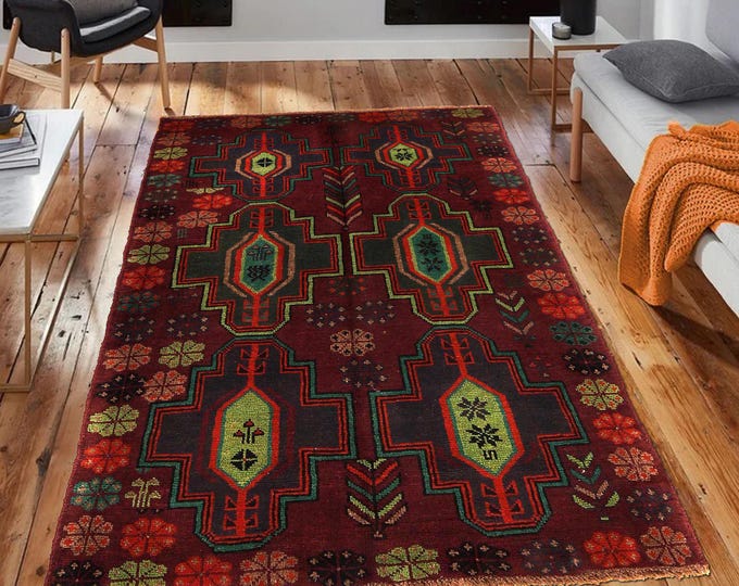 Hand-knotted Baluchi in Red and Rainbow 3.93 x 6.56 ft