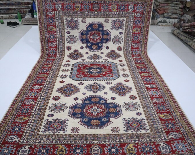 Hand Knotted 7x10 Wool Kazak Rug – Beige and Red Afghan Rug