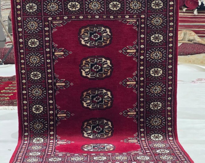 2.5 X 4 ft Red Geometrical Handmade, Mori Bokhara Cotton and Wool