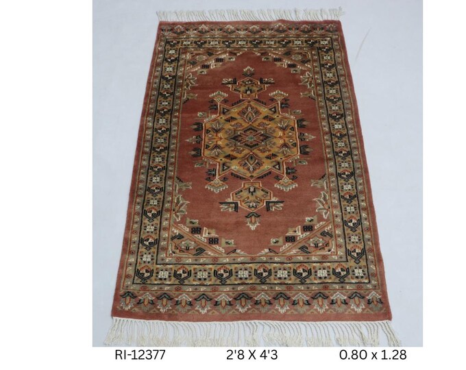 Hand-Knotted Wool & Silk Touch Rug, Copper Geometric Design, 2.8 x 4.3 ft