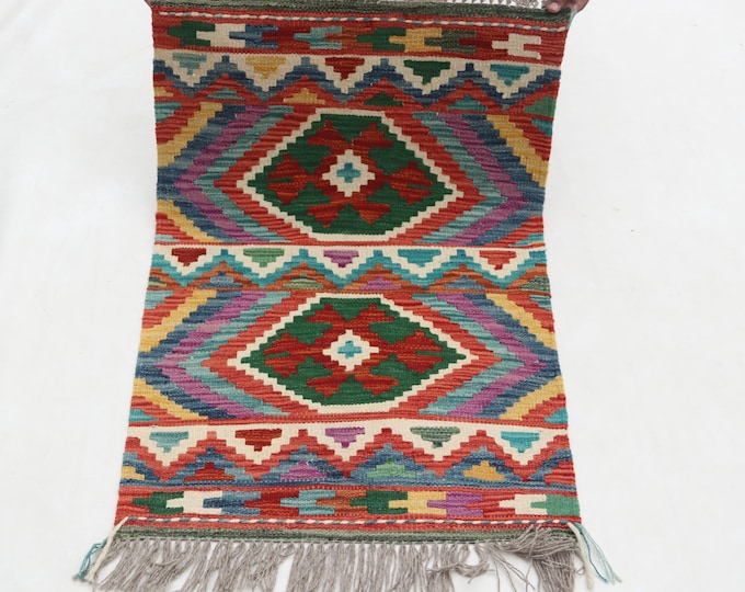 2 X 3 ft Handmade Geometrical Killim Rug, Muilty, Wool