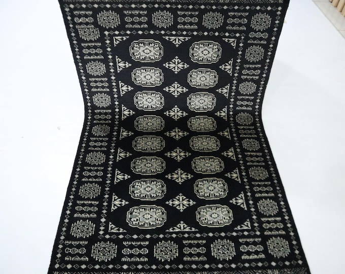 3x5 Black Mori Bokhara Rug, Hand-Knotted Wool, Tribal Geometric Design