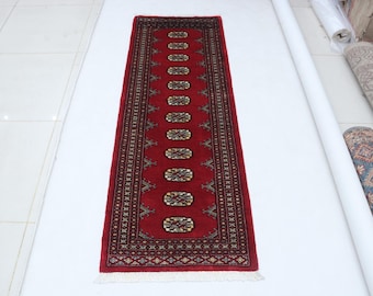 2.1 X 6.0 ft Red Geomatrical Runner Handmade, Mori Bokhara Cotton and Wool