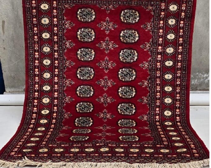 4 X 6 ft Red Geometrical Handmade , Mori Bokhara Cotton and Wool