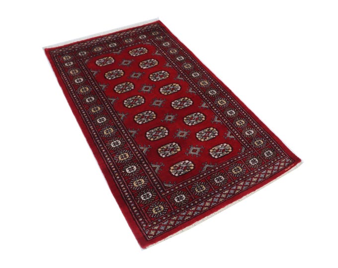 3.0 X 5.1 ft Red Geomatrical Handmade Runner, Mori Bokhara Cotton and Wool
