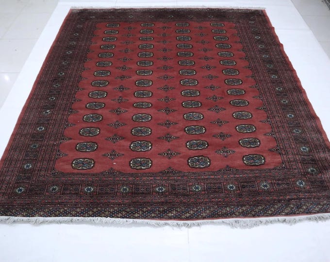 8 X 9 ft Handmade Geometrical Mori Bokhara Copper, Red, Cotton and Wool