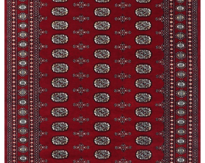 5 X 8 ft Red Geometrical Handmade , Mori Bokhara Cotton and Wool