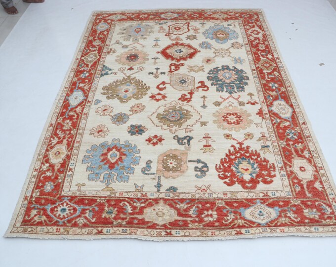 5.8 X 7.10 ft Beige and Copper Floral Handmade ,Oshak Wool