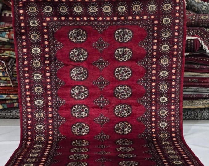 4 X 6 ft Red Geometrical Handmade , Mori Bokhara Cotton and Wool