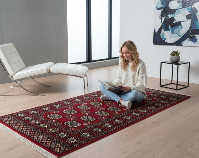 3.0 X 4.11 ft Red Geomatrical Handmade ,Mori Bokhara Cotton and Wool