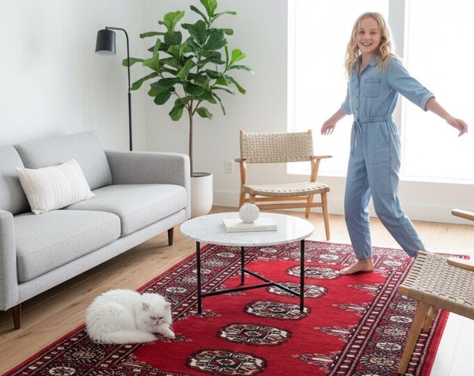 2.7 X 4.1 ft Red Geomatrical Handmade , Mori Bokhara Cotton and Wool