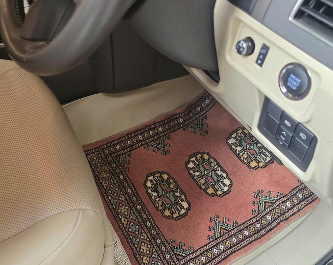 1.5 X 2 ft Geomatric Handmade Car Mats Pair, Copper Wool Car Floor Rugs, Cotton and Wool