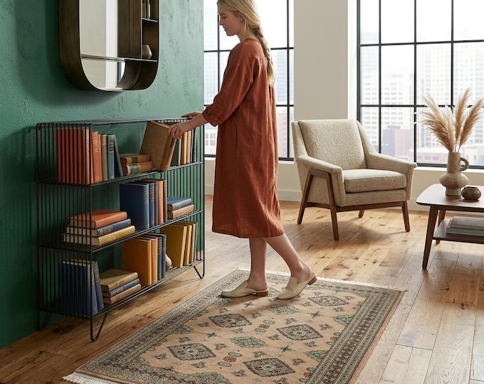 3 X 5ft Brown Geomatrical Handmade, Fine Jaaldar Cotton and Worsted Wool