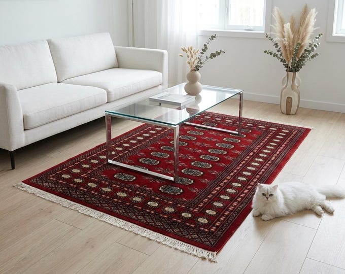 4.2 X 6.2 ft Red Geomatrical Handmade, Mori Bokhara Cotton and Wool