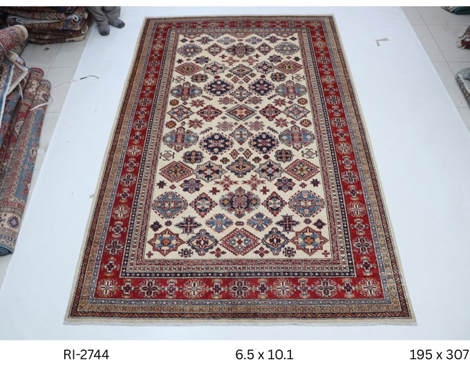 Hand-Knotted Kazak Rug, Beige and Red, Wool & Cotton (6.5 x 10.1 ft)