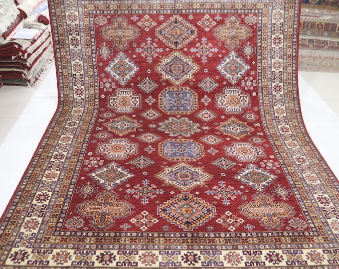 8x11 Red Kazak Rug – Handwoven Afghan Wool, Geometric Design