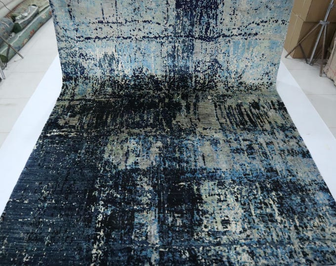 8x10 Afghan Wool Rug – Hand Knotted Abstract Blue Tone