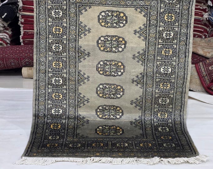 2.5 X 4 ft Gray Geometrical Handmade, Mori Bokhara Cotton and Wool